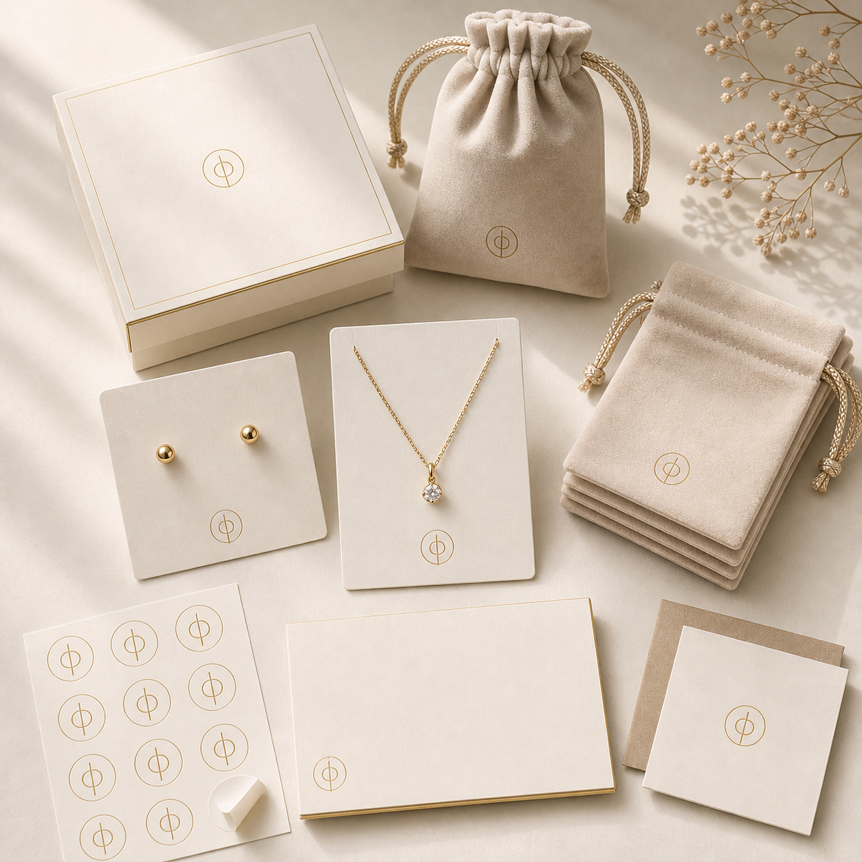 Minimal cream and gold custom jewelry packaging with cards stickers pouches and gift box