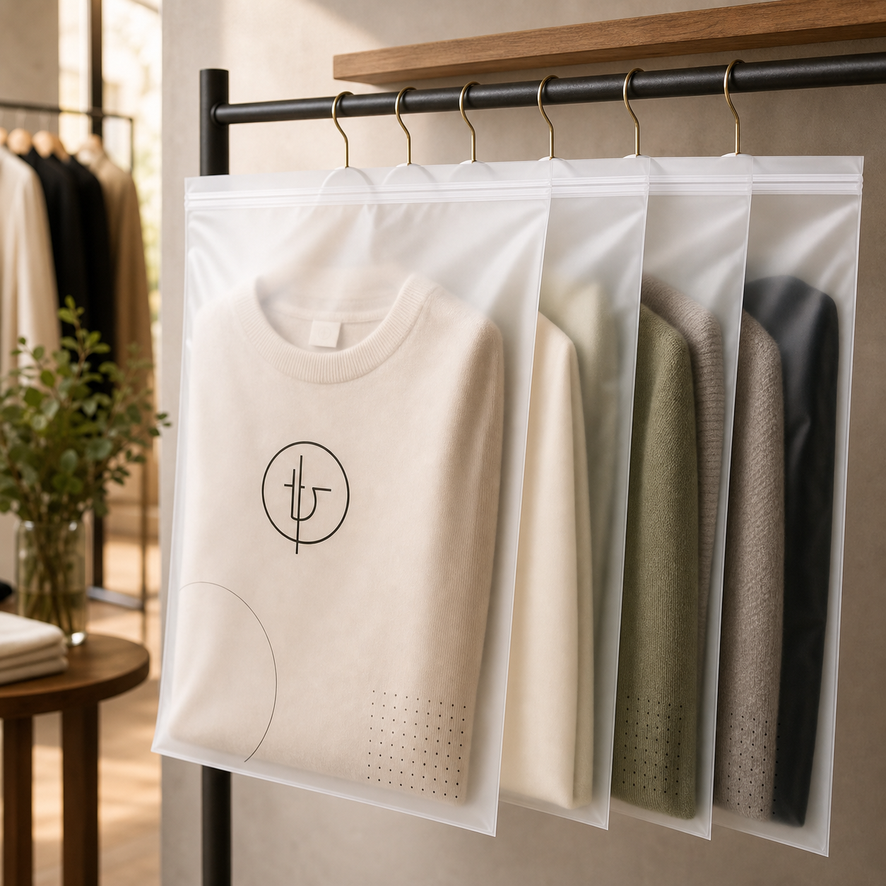 Custom garment bags with hang tags and apparel packaging components