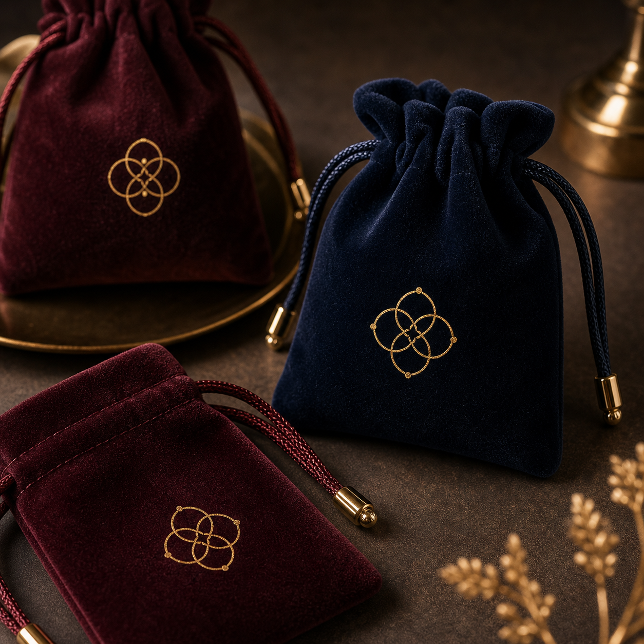 Custom velvet jewelry pouches with cards and stickers