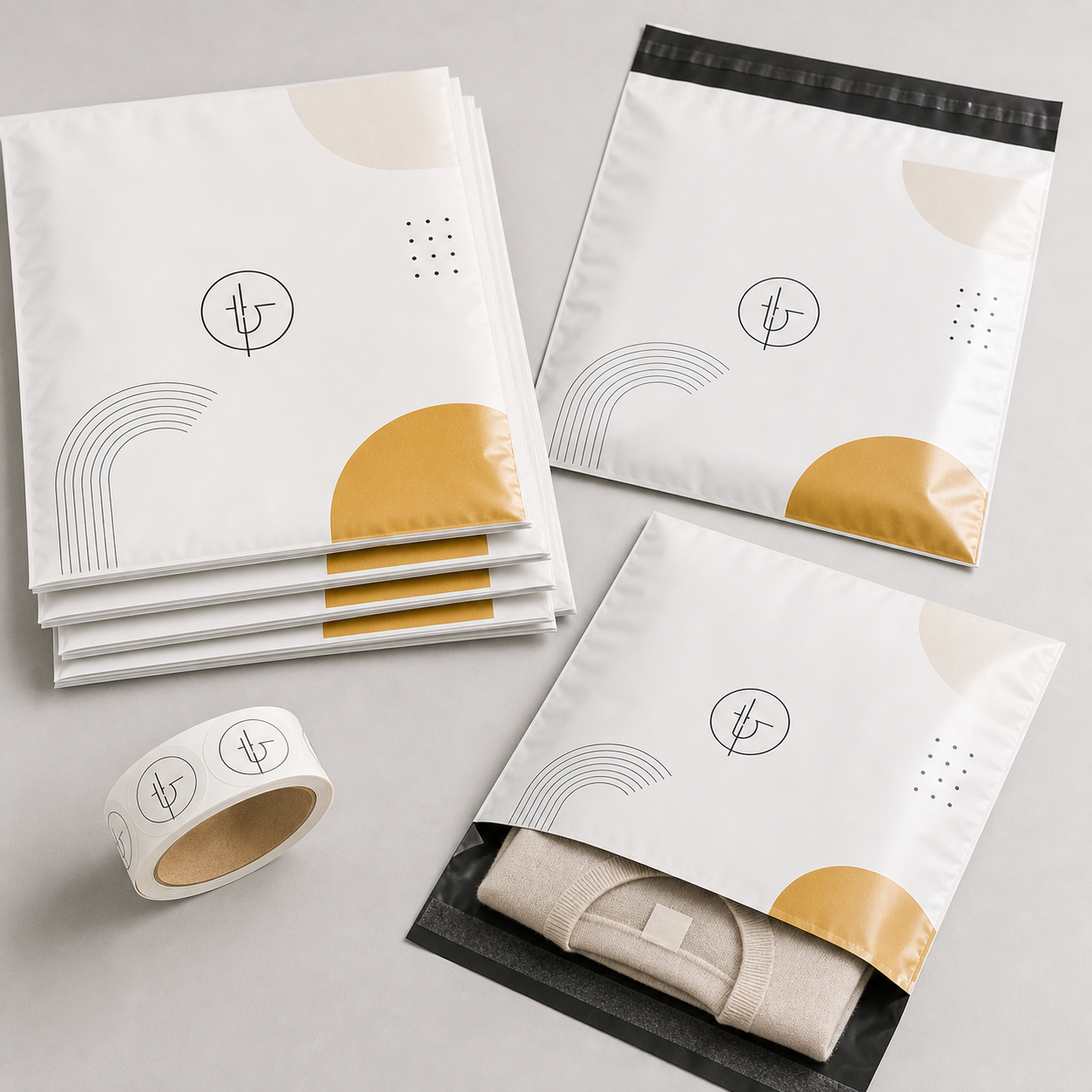 Custom poly mailer packaging set with stickers and thank-you cards