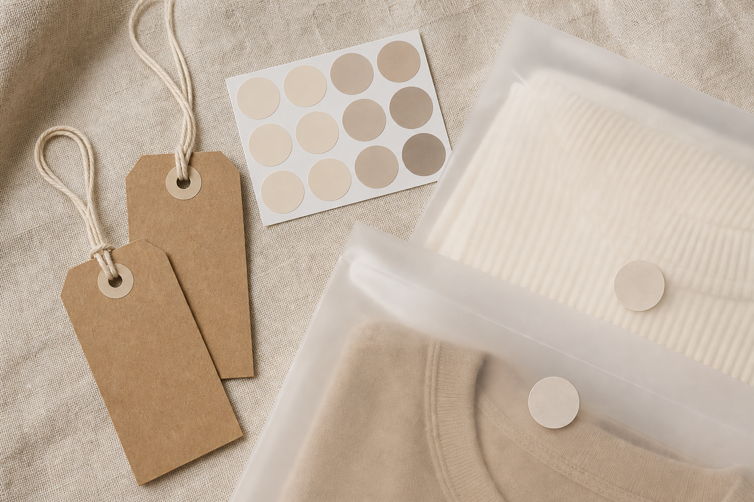 Boutique apparel packaging set with hang tags stickers and garment bags