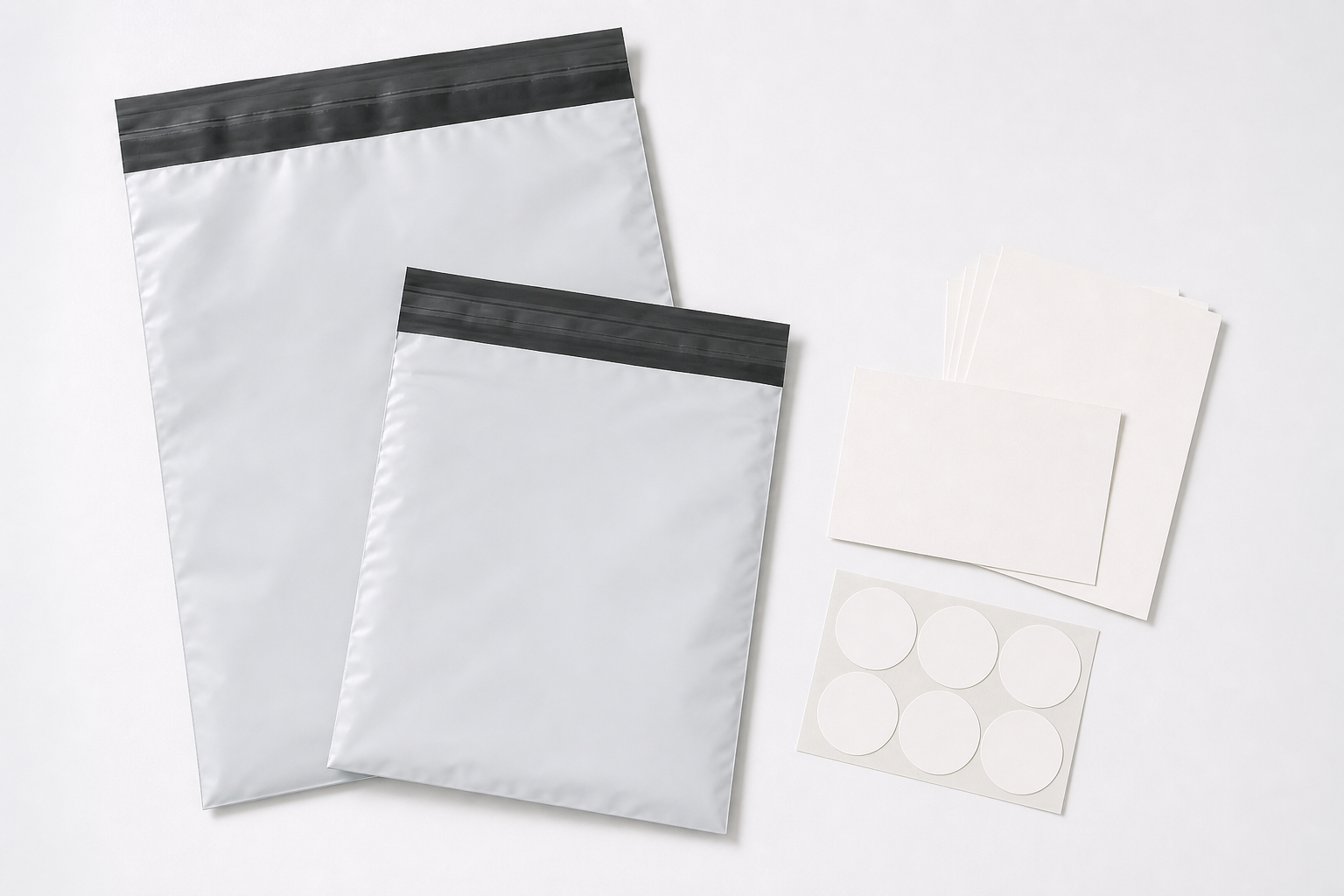 E-commerce mailer packaging set with poly mailers stickers and thank-you cards